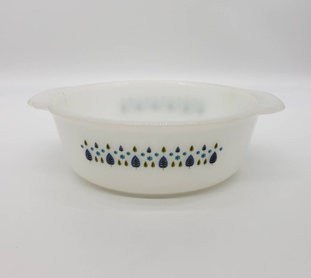 Vintage Milk Glass Casserole Dish With Blue and Green Flowers Etsy