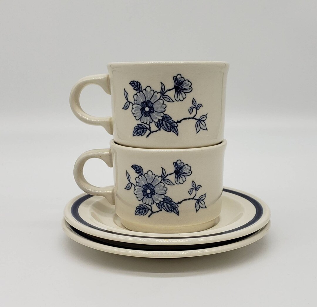 Vintage Blue Floral Cup and Saucer Set of Four USA Marked - Etsy