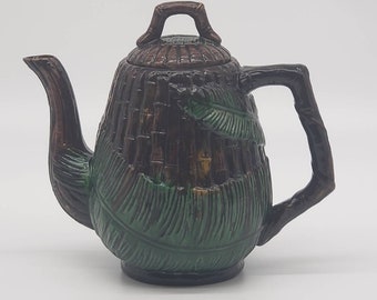 Majolica teapot bamboo palm design handmade ceramic pottery