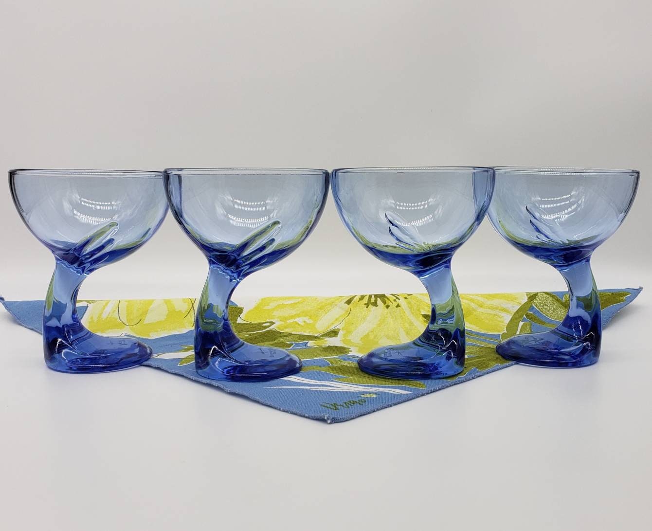 Vintage Bormioli Rocco Cocktail Glasses Retro Blue Stemmed Dessert Bowls 