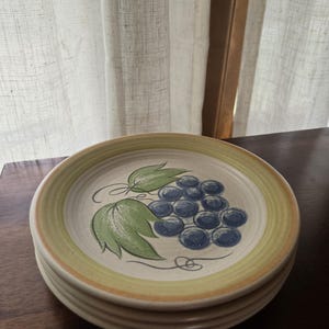 May include: A stack of ceramic plates with a hand-painted grape design. The plates have a cream-colored center with a green and blue grape cluster and green leaves. The rims are bordered with a yellow-green band.