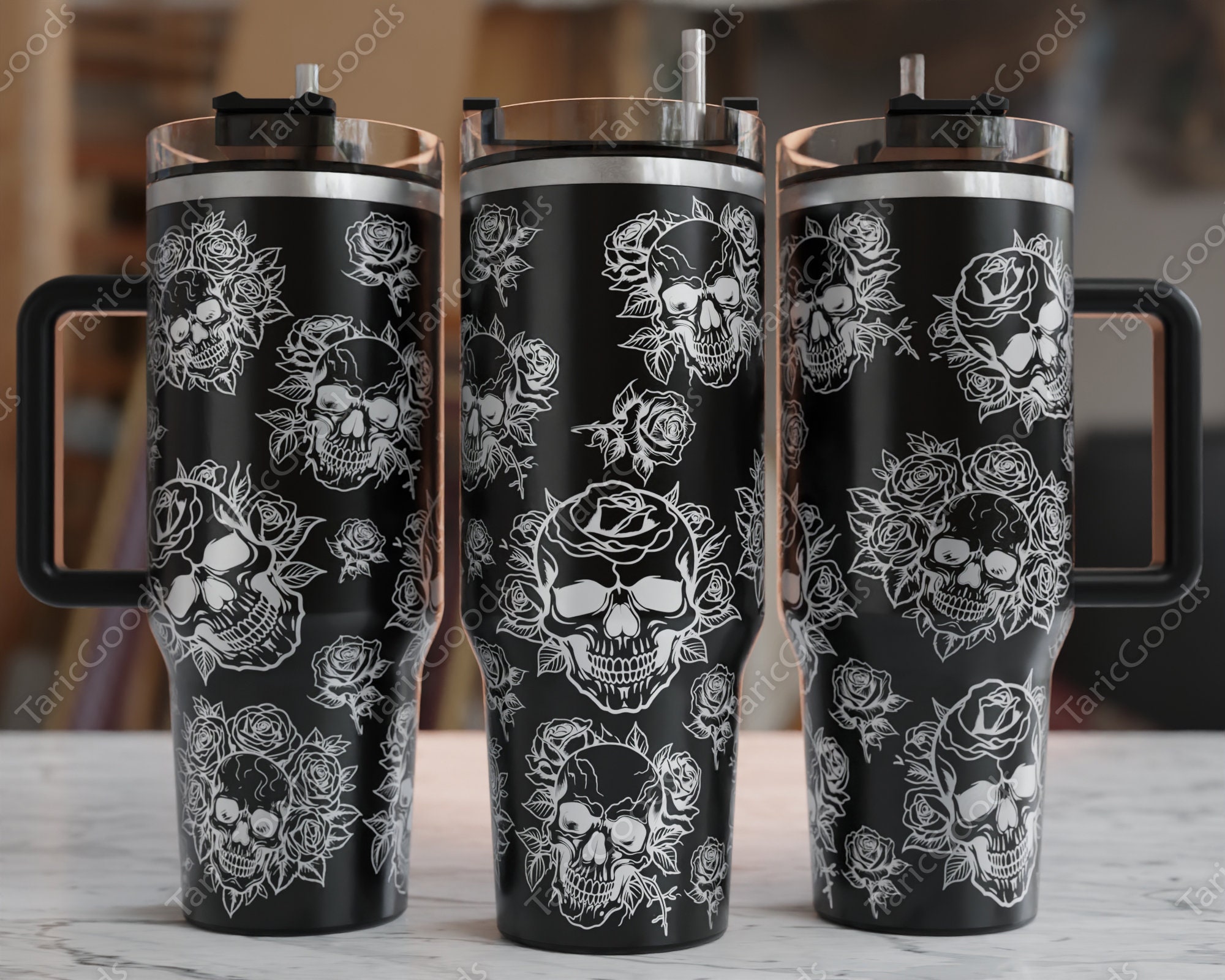 40 oz Tumbler with Handle - Sugar Skull and Roses Full Wrap Pattern