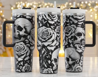 40oz Tumbler Wrap Svg, Skulls With Flowers 40oz Tumbler Laser Engraving Wrap, 40oz Laser Engraved Svg, Laser Engraving Svg