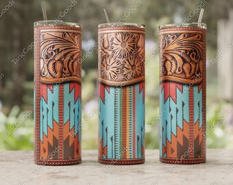 Tooled Leather Aztec Pattern Tumbler Wrap 20oz Skinny Tumbler Sublimation Designs Western Mom Sublimation Design