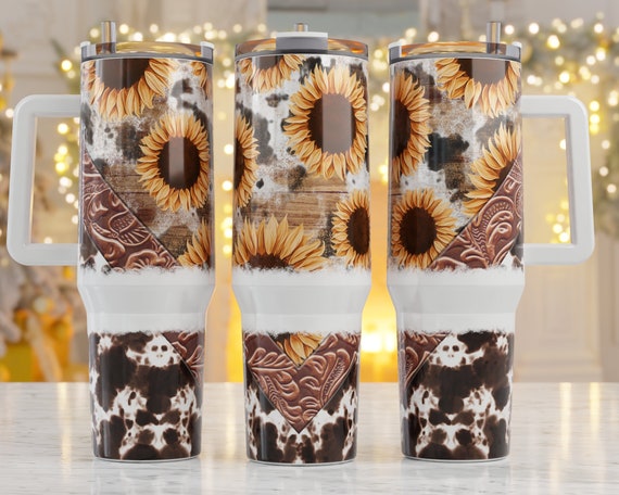 40oz Tumbler Wrap Sublimation, Country 40 oz Tumbler Png, 40oz Tumbler Png,  40oz Sublimation Design, Sunflower with Cowhide, Rustic Western