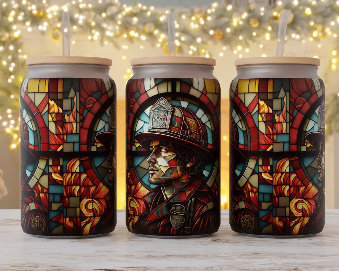 Firefighter Glass Can Wrap , 16oz Glass Can Png, Tumbler Sublimation