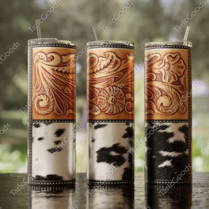Tooled Leather Cow Hide Tumbler Png, Western 20oz Tumbler Designs ...