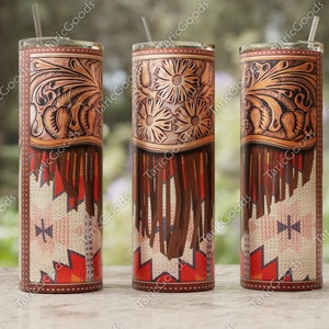 Aztec Pattern With Tooled Leather Western Tumbler Wrap 20oz Skinny ...