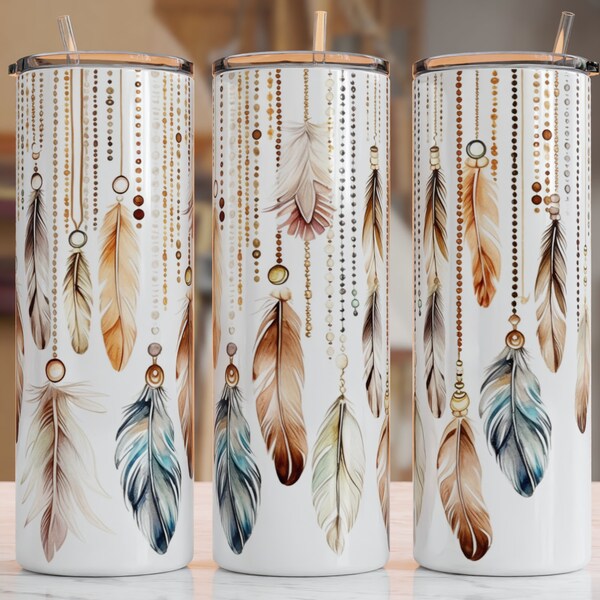 Boho Feathers Tumbler Wrap, Boho Mom Tumbler Png, 20 oz Tumbler Wrap, 20oz Skinny Tumbler Sublimation Design