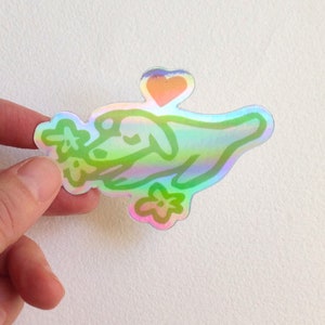 Sticker holographique mignon "Petit chien aux fleurs (vert tendre)", chiot, mignon, amour, tendresse