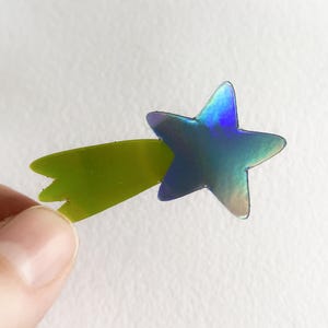 Holografische sticker "Shooting Star" in blauwe en gele kleur, holografische sticker, ster, hemels, magisch