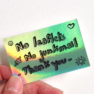 NEW - Grand sticker holographique en anglais "No leaflets - No junkmail" pour boîte aux lettres