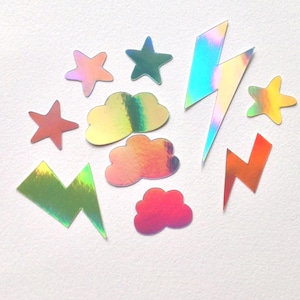 Ensemble de 10 beaux stickers holographiques sur le thème du ciel : éclairs, nuages, étoiles * rêve, céleste, lumière, poésie