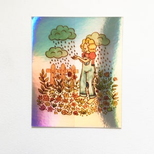 Très grand sticker holographique "Pluie d'Eté" * floral, illustration, rétro