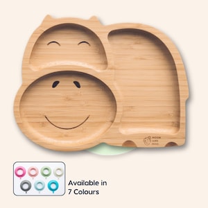 Bamboo Plate for Baby Weaning, Bamboo Suction, Hippo Suction Wooden Plate for Kids, Toddler Feeding Set, Baby Shower Gift, 1st Birthday Gift