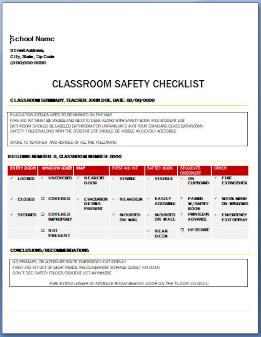 Classroom Safety Checklist Etsy