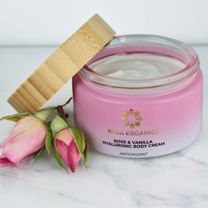 Vegan biologische bodycrème roos en vanille – natuurlijke hydraterende vochtinbrengende crème, veganistische huidverzorging, voedende bodylotion, zelfverzorgingscadeau