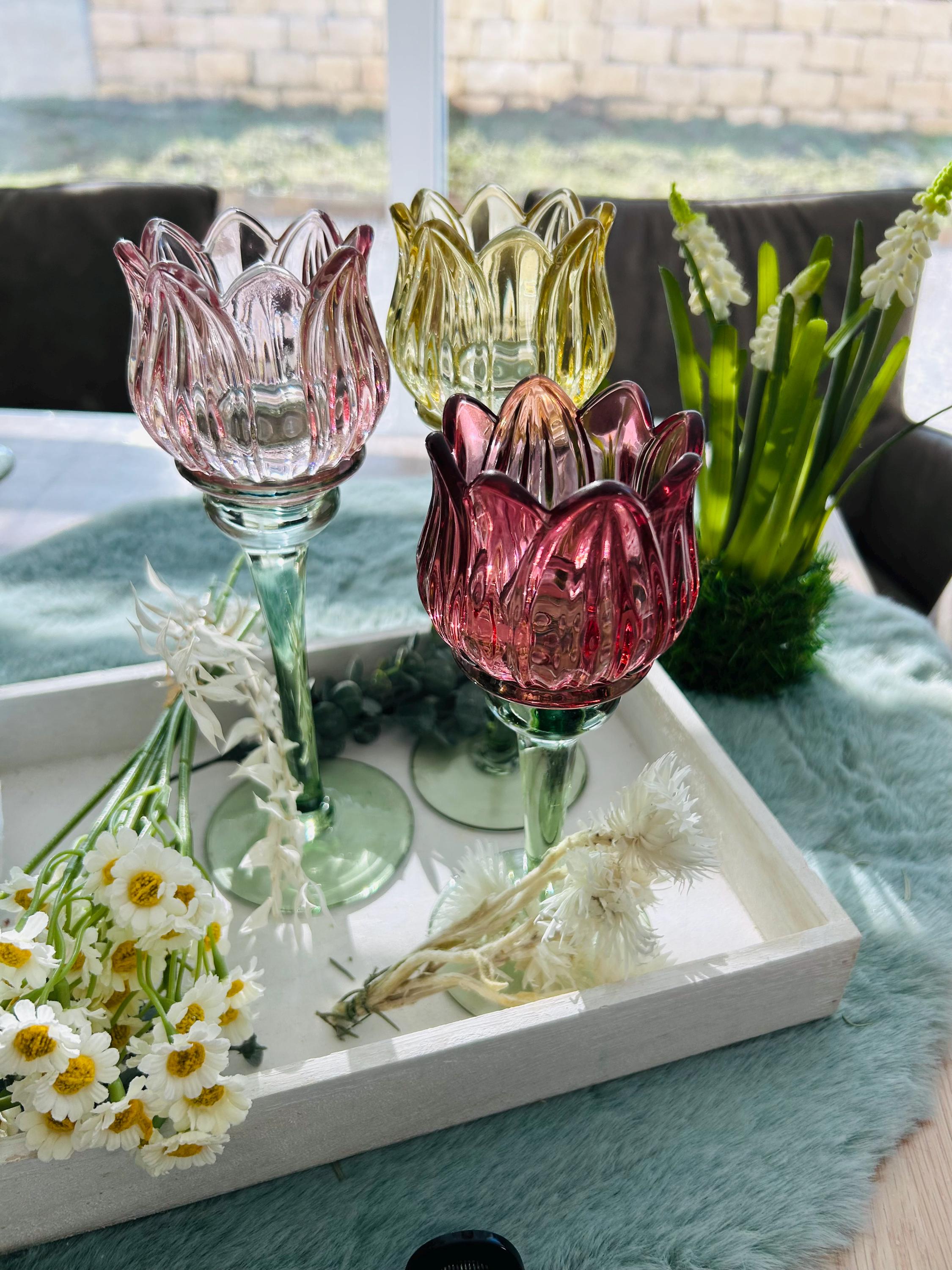 Teelichthalter Kerzenständer in Tulpenform, Glasteelichthalter Frühling, Windlicht Tulpe, Letzte Bestände!