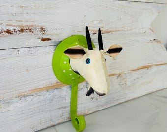 Beautiful wall hook with a goat motif and a fun polka-dotted collar, coat hook, organizer