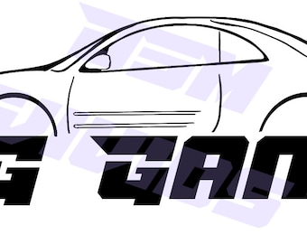 May include: Black and white line drawing of a car with the text "3G GANG" below it.