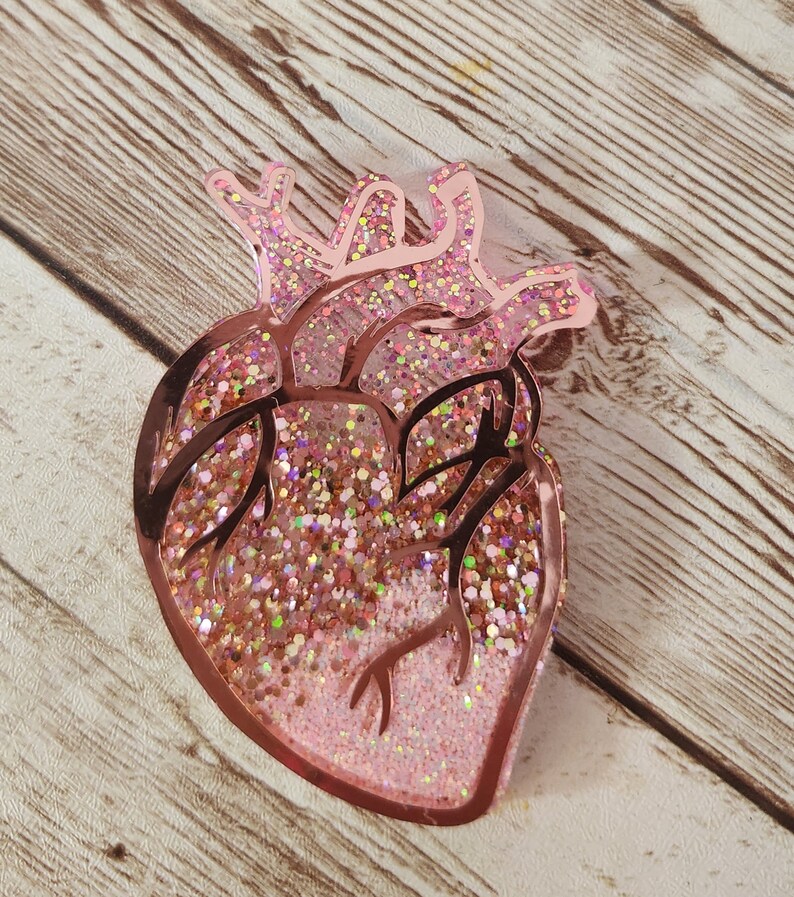 Heart Badge Reel. Pink Glitter & Metallic Rose Gold Anatomical Heart