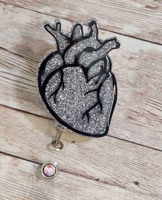 Heart Badge Reel. Silver Glitter & Black Anatomical Heart Cardiac