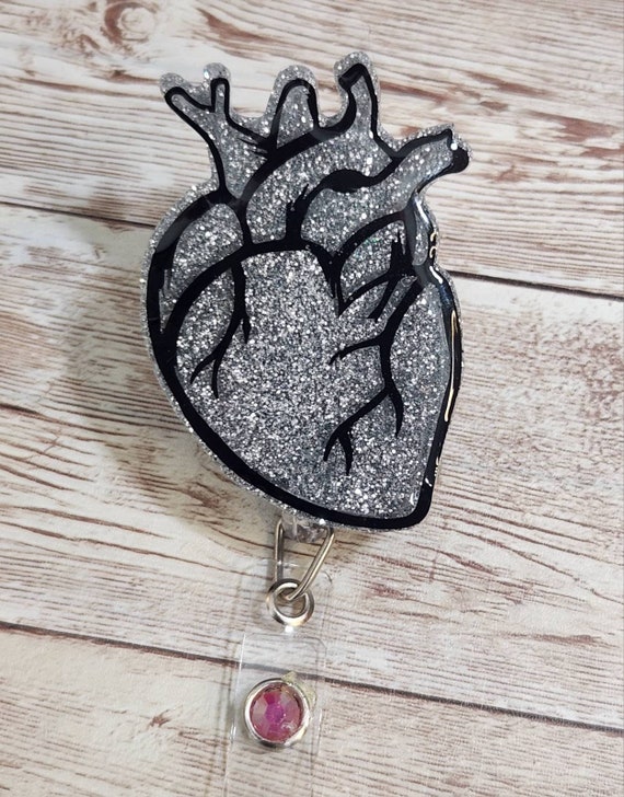 Heart Badge Reel. Silver Glitter & Black Anatomical Heart Cardiac