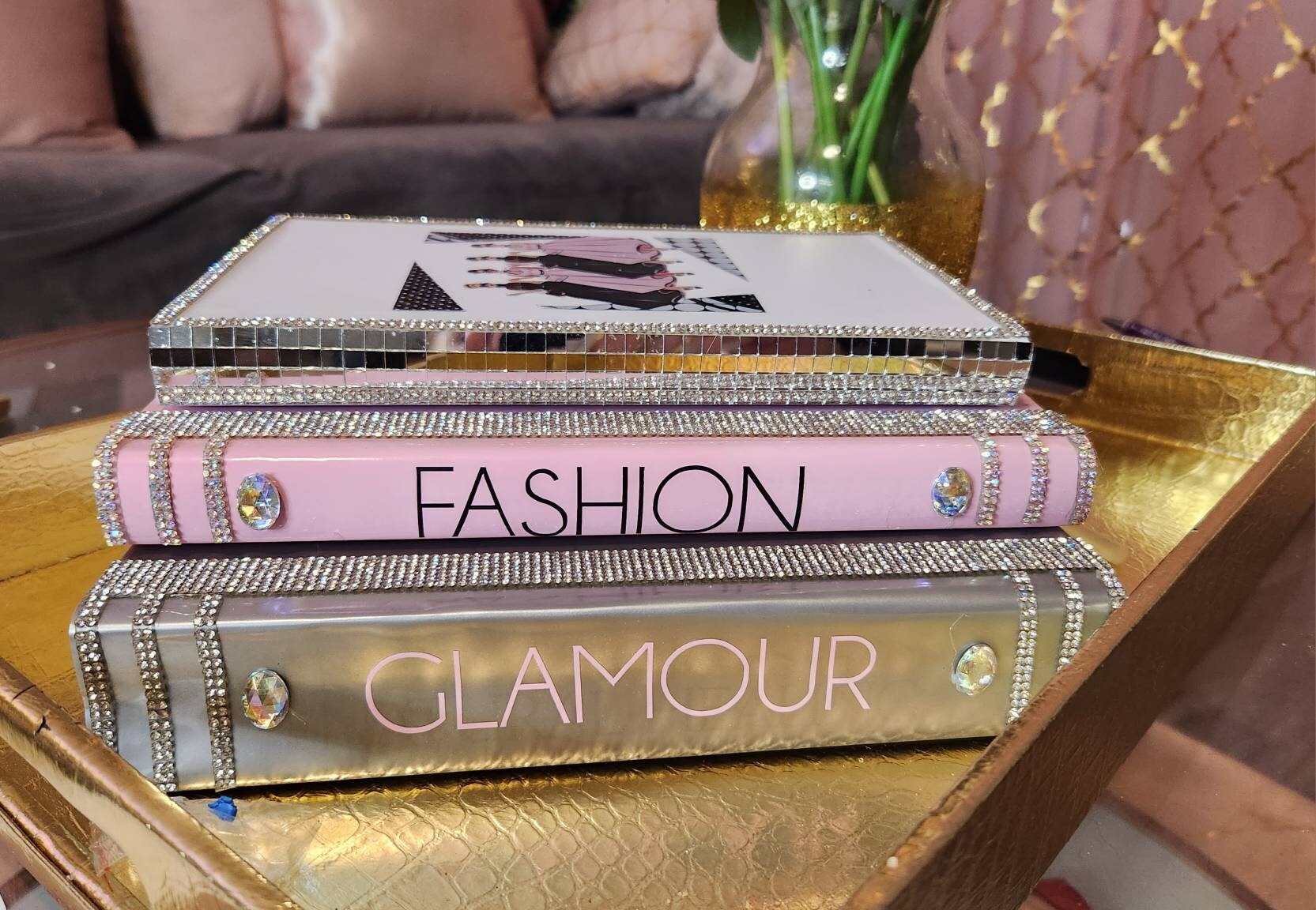 Bling Decor Glam Book Stack Custom Made Bling Books Stack of 3 Pink/grey 