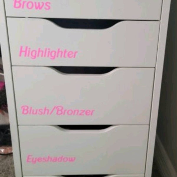 Custom Makeup Organization Decals. Labels for Makeup Drawers & Storage. IKEA Alex Makeup Storage.