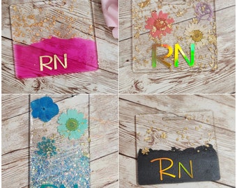 Pressed Flowers & Gold Foil Horizontal Badge Buddy for Medical Professionals. RN Nurse Badge Buddy. Acrylic and Resin Glitter Badge Buddy