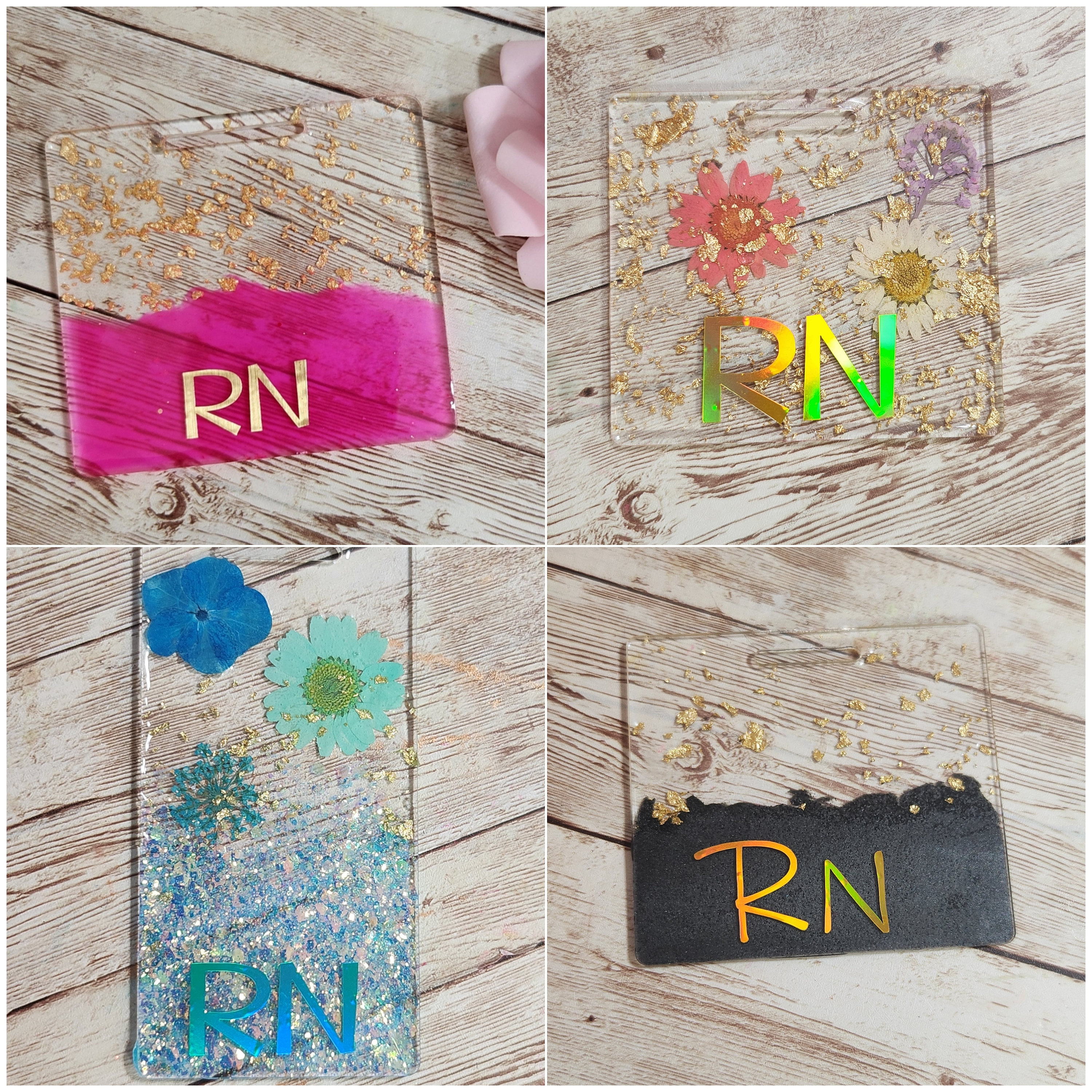 Pressed Flowers & Gold Foil Horizontal Badge Buddy for Medical  Professionals. RN Nurse Badge Buddy. Acrylic and Resin Glitter Badge Buddy  