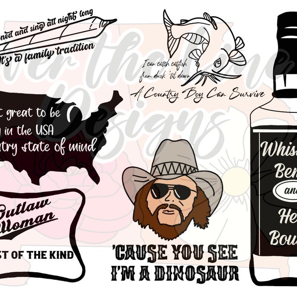 Hank Williams Jr Bundle PNG / Whiskey Bent Hell Bound / Dinosaur/ Heaven ain’t a lot like Dixie / Country Lyrics / Weed /Classic Sublimation