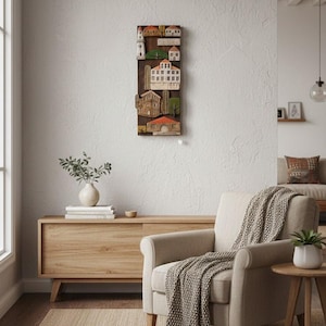 Decorazione murale in ceramica fatta a mano, cornice in pino massiccio