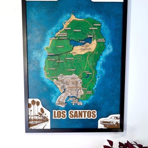 Los Santos 3D Framed Wood City Map Wall Art | Personalized Video Game Decor — Unique Gamer Gift for Him