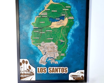 Los Santos 3D-Stadtplan aus Holz mit Rahmen | Personalisierte Videospiel-Deko – Einzigartiges Geschenk für Gamer