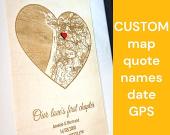 Individuelle Herzkarte als Wandbild | Personalisiertes Jahrestagsgeschenk für die Ehefrau – Holzkarte „Wo wir uns kennengelernt haben“ | Dekoration mit GPS-Koordinaten