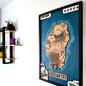 Los Santos 3D framed city map - living room wall art decoration - video game gifts for gamer - birthday gift for him - fantasy maps