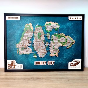 Mapa de madera 3D de Liberty City personalizado — Decoración de pared de videojuegos personalizada | Regalo gamer para él — Decoración de sala de juegos pintada a mano