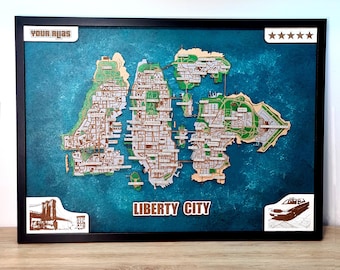 Individuelle Liberty City 3D-Holzkarte – Personalisierte Videospiel-Wanddekoration | Gamer-Geschenk für ihn – Handbemalte Dekoration fürs Gaming-Zimmer