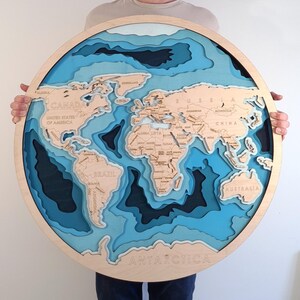 3D World Map Wall Art — Topographic Laser Cut Wood Map — Personalized Anniversary Gift for Parents — Custom Home Decor