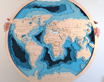 3D-Weltkarte als Wandbild – Topografische, lasergeschnittene Holzkarte – Personalisiertes Jubiläumsgeschenk für Eltern – Individuelle Wohndekoration