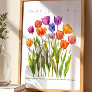 Sprüche 16: 3 Wandkunst druckbar, Frühlingsblumenbibelversdruck, Boho-Schriftplakat, christliches Hauptdekor, vertraue Gott Glaube Kunstwerk