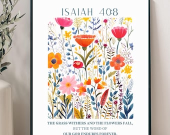 Isaiah 40:8 Wall Art Printable, Boho Floral Bible Verse Print, Christian Scripture Decor, Inspirational Faith Poster, Spring Home Art