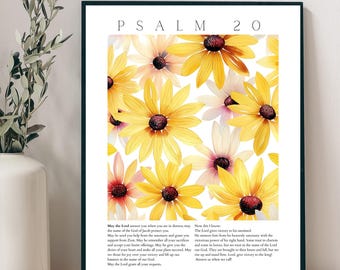 Psalm 20 Wall Art Printable, Floral Bible Verse Poster, Botanical Yellow Flower Scripture, Christian Inspirational Decor, Faith Art