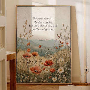 Bloemen bijbelvers ingelijste canvaskunst, Jesaja 40 8 muurkunst, wilde bloemen schriftafdruk, christelijk muurdecor, geloof cadeau voor vrouwen