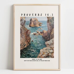 Proverbs 16:3 Wall Art Printable, Coastal Bible Verse Poster, Vintage Scripture Landscape, Christian Faith Decor, Ocean View Printable