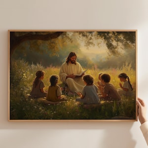 Jesus Teaching the Children Wall Art Christian Bible Print Religious Nursery Decor Scripture Painting Faith-Inspired Poster Digital Download