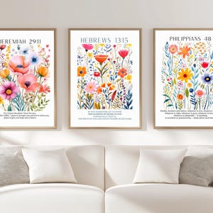 Set of 3 Bible Verse Prints, Floral Scripture Wall Art, Christian Botanical Poster Set, Colorful Faith Decor, Flower Market Style Art