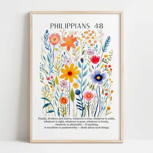 Philippians 4:8 Wall Art – Floral Bible Verse Print, Botanical Scripture Poster, Christian Digital Download, Faith Printable Decor