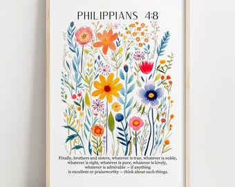 Philippians 4:8 Wall Art – Floral Bible Verse Print, Botanical Scripture Poster, Christian Digital Download, Faith Printable Decor